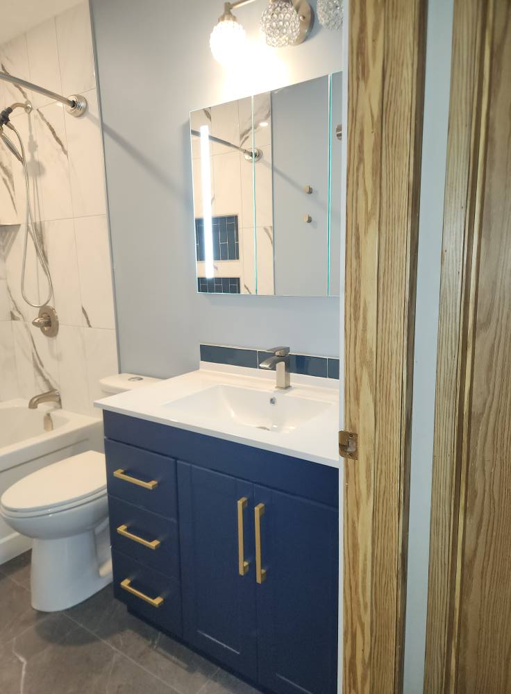 Navy vanity with gold fixtures